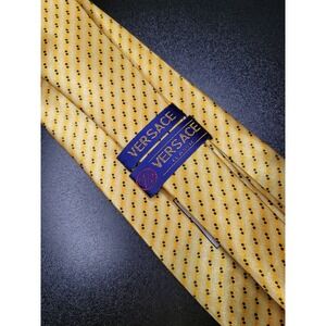 Versace Men's Necktie Yellow Dotted Stripe Silk 4" x 58" Excellent